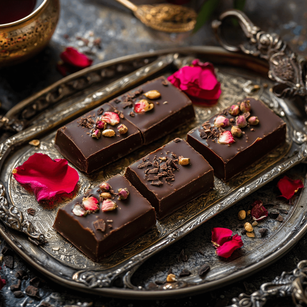 Dubai chocolate strawberries bars on silver tray with tea