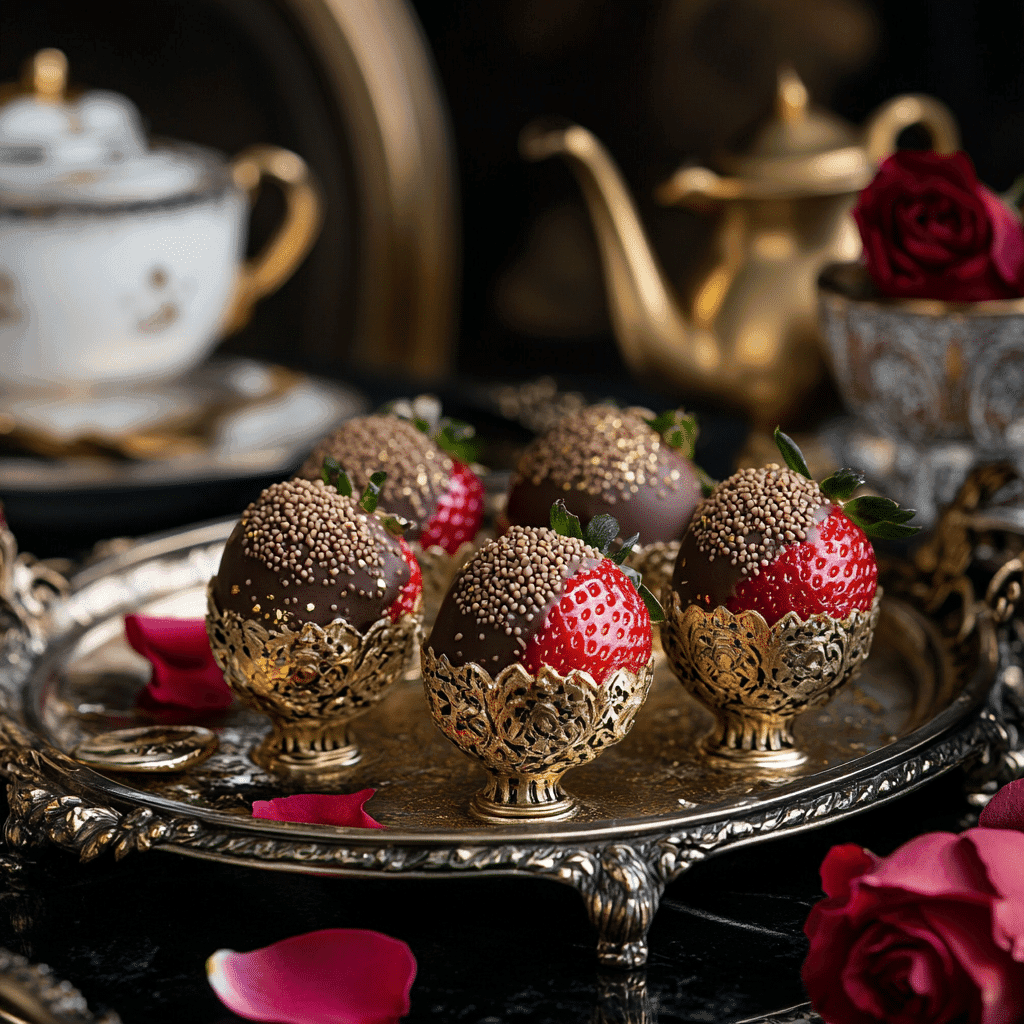 Dubai chocolate strawberries on silver tray with tea