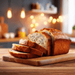 Sliced 4 ingredient banana bread with a golden crust, displayed on a wooden board in a warm, softly lit kitchen.