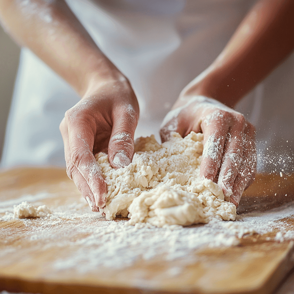 Mixing Greek yogurt and flour dough by hand