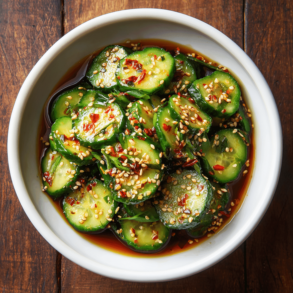 Sliced cucumbers in spicy dressing with sesame seeds and chili flakes