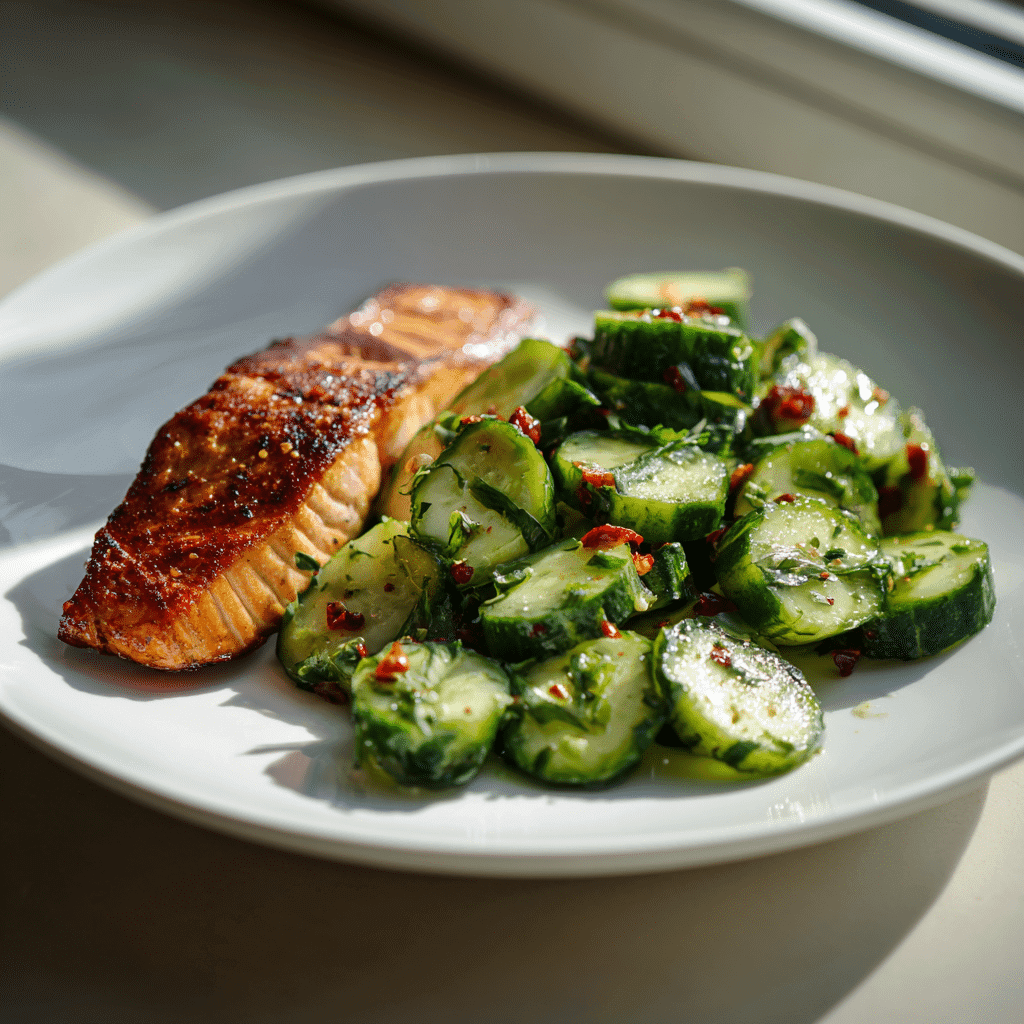 Spicy cucumber salad served with grilled salmon