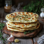 Stack of homemade Greek yogurt flour garlic bread with herbs and garlic cloves