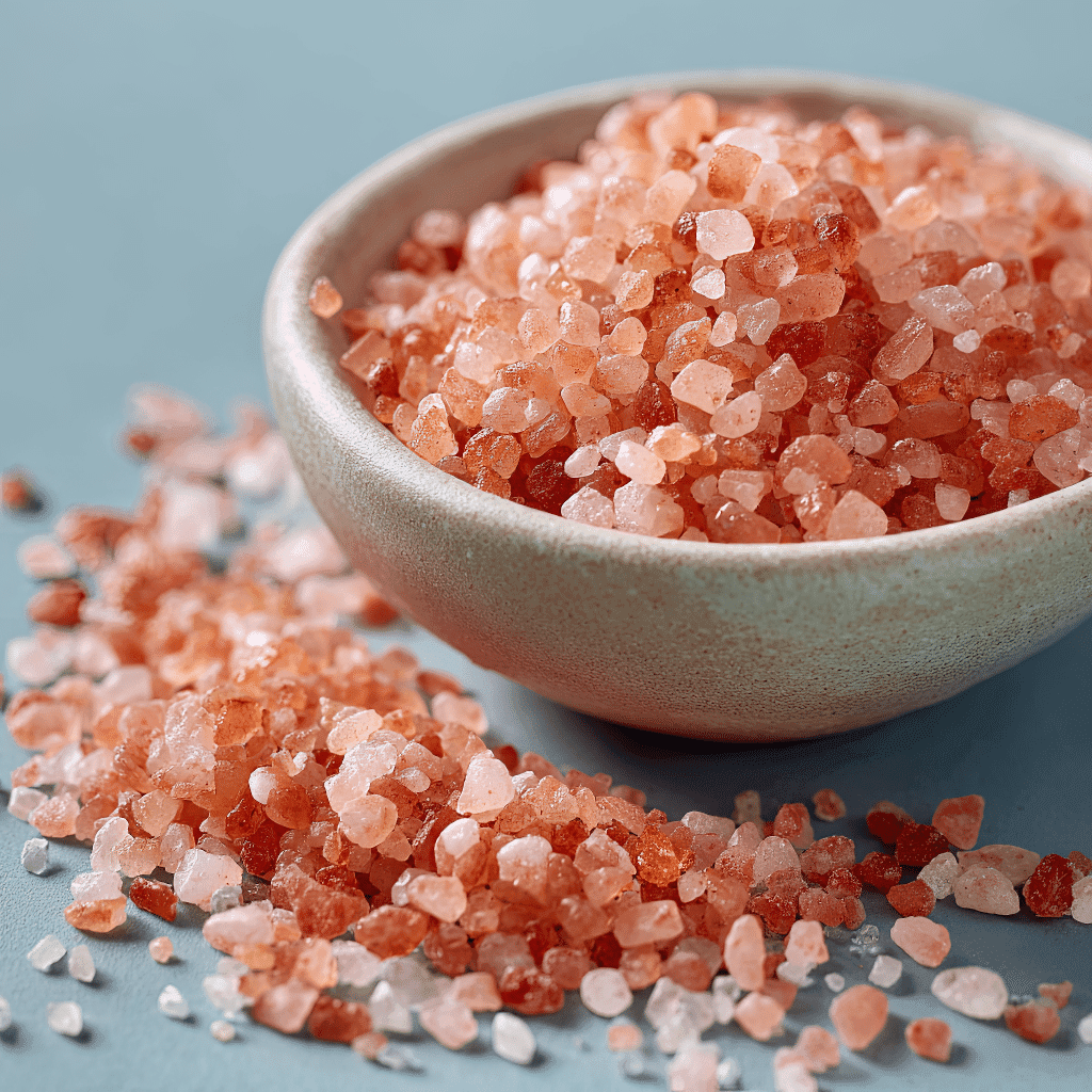 Close-up of pink Himalayan salt crystals in a ceramic bowl with salt scattered on a blue surface — perfect for clean eating and healthy cooking blogs