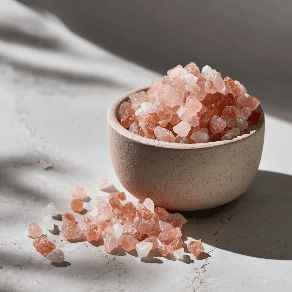 Pink Tibetan salt crystals in a beige ceramic bowl on a light stone background, ideal for clean eating and healthy lunch recipes.