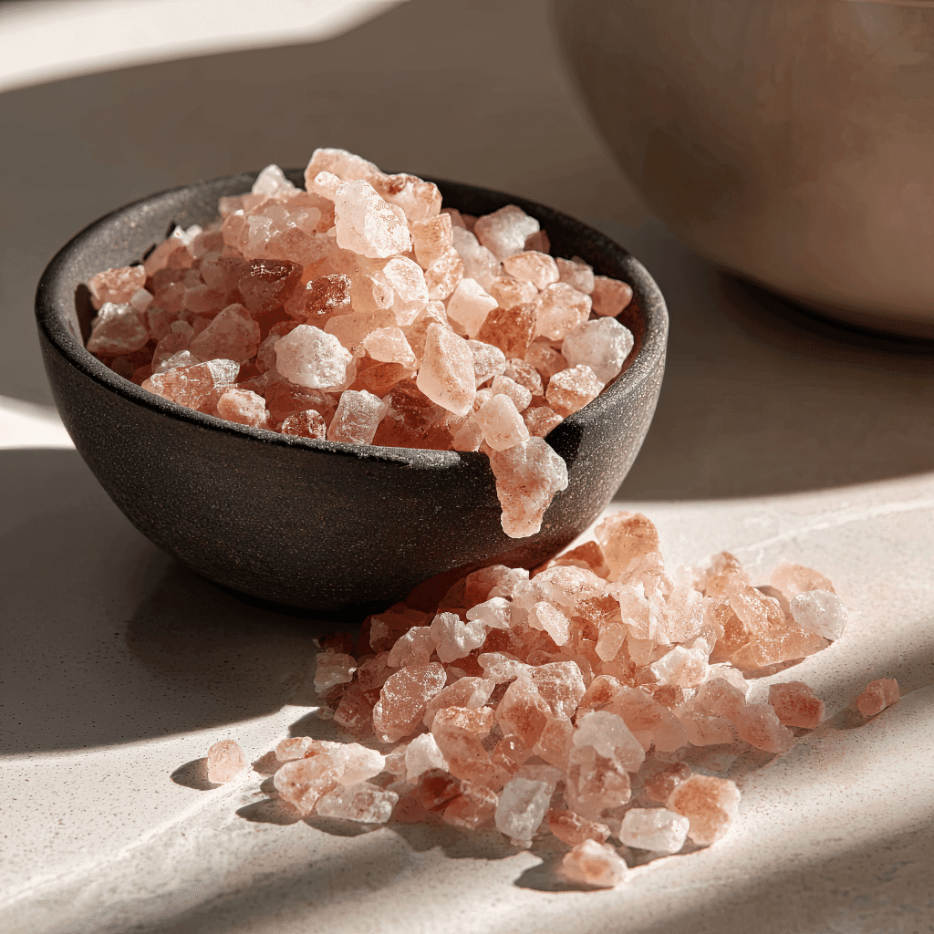 Sunlit pink Tibetan salt crystals spilling from a dark ceramic bowl, used in clean eating lunch recipes